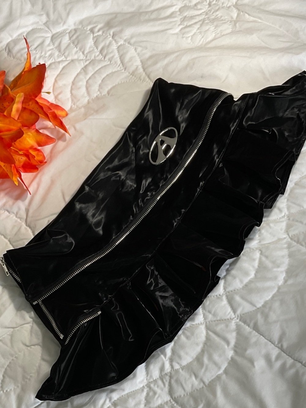 Black Vinyl Ruffle Mini Skirt with Exposed Zippers